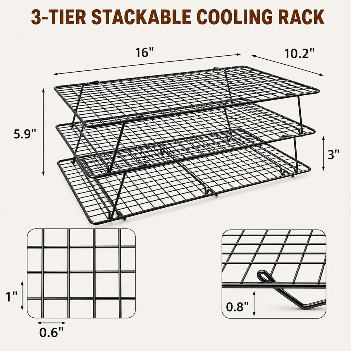 Cooling Rack 16"x10", 3-Tier Stackable & Collapsible Cooling Racks
