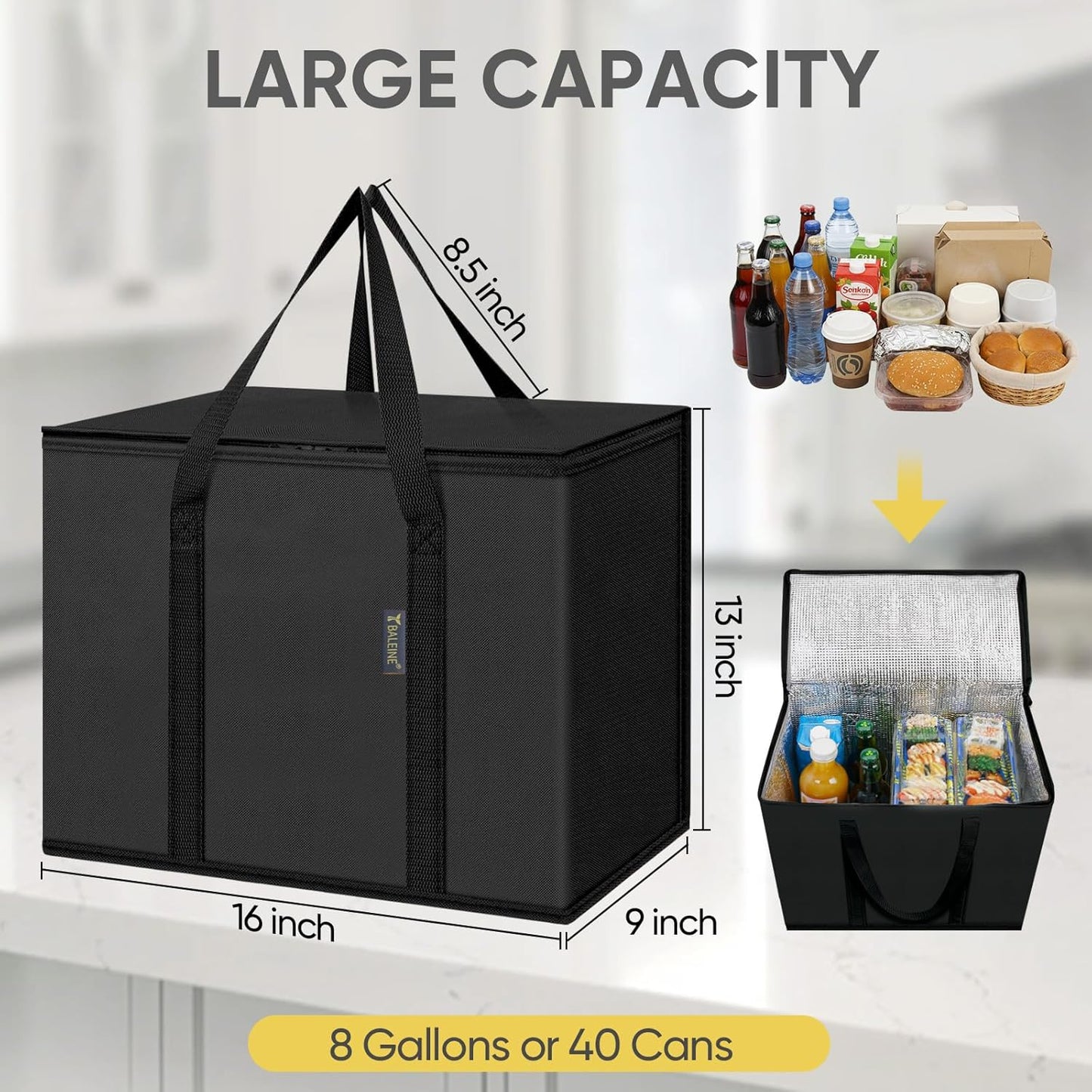 BALEINE 2Pk Insulated Reusable Grocery Bags, Collapsible Cooler Bag for Groceries, Heavy Duty Large Insulated Bag (16''x9''x13'', Antique Foliage)