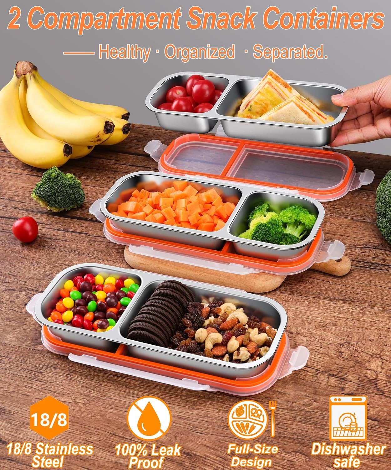 KTKUDY Stainless Steel Snack Container for Kids & Adults - Large - Leak-Proof 3-Compartment Stackable Snack Lunch Box for Daycare, School, Work & Travel
