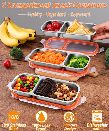 KTKUDY Stainless Steel Snack Container for Kids & Adults - Large - Leak-Proof 3-Compartment Stackable Snack Lunch Box for Daycare, School, Work & Travel