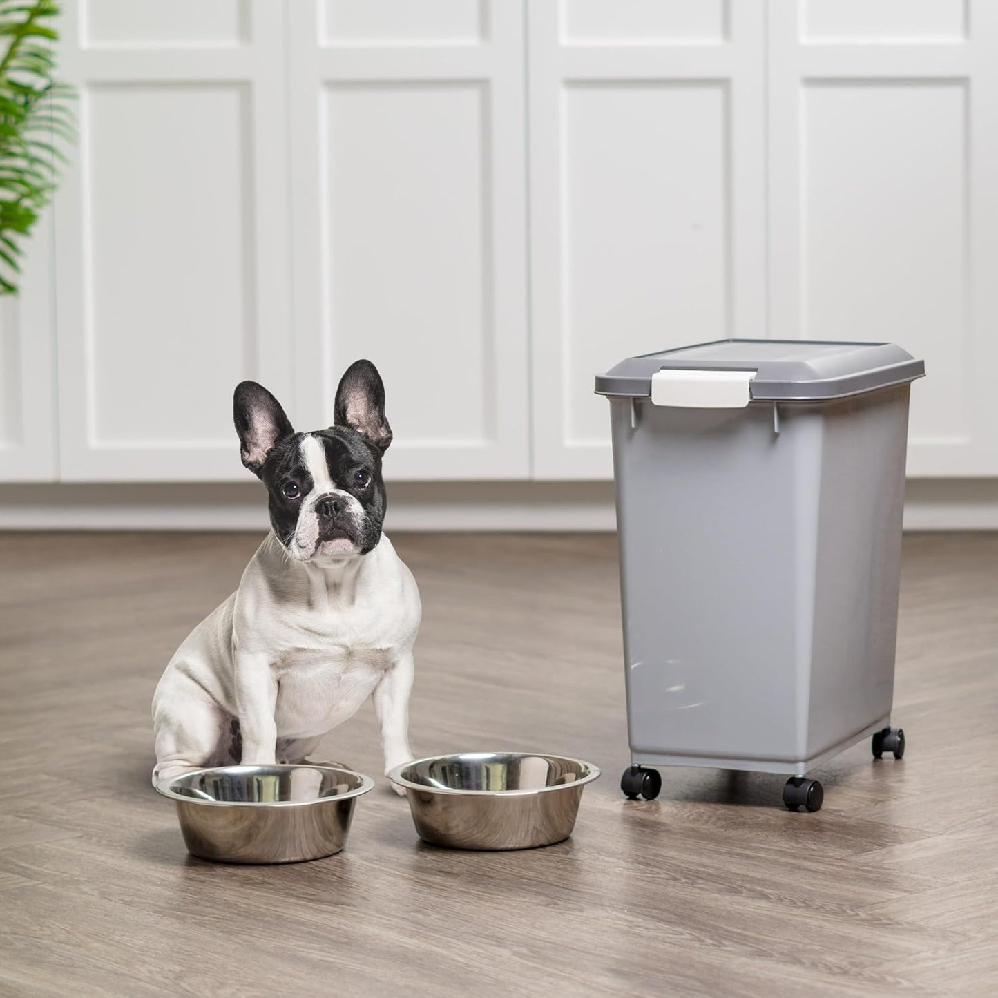 IRIS USA Dog Food Storage Container with Wheels, Airtight Lid, 2-Cup Scoop, Up to 30 Pounds Pet Food Storage, Built in Scoop Storage in Lid, Versatile Pet Food Bin, Portable, BPA Free, Gray/Dark Gray
