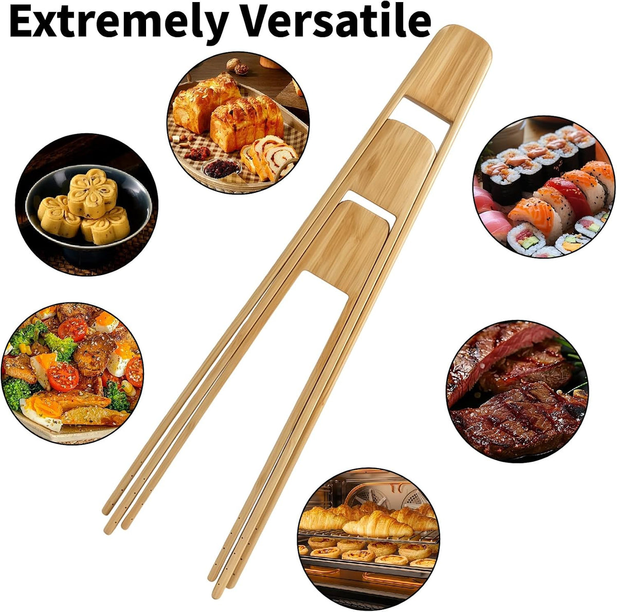 3 Pack Bamboo Toast Tongs, 8 10 12 Inch Wooden Toaster Tongs with Anti-Slip Design, Kitchen Tongs for Cooking Salad Bread Food Serving