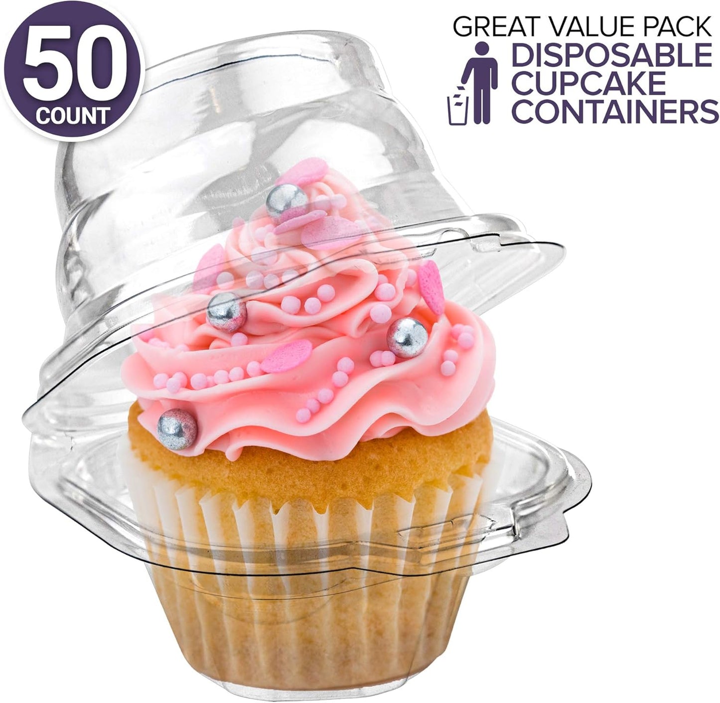 Stock Your Home Individual Plastic Cupcake Containers Disposable with Connected Airtight Dome Lid (100 Count) Clear Single Cupcake Container, BPA Free