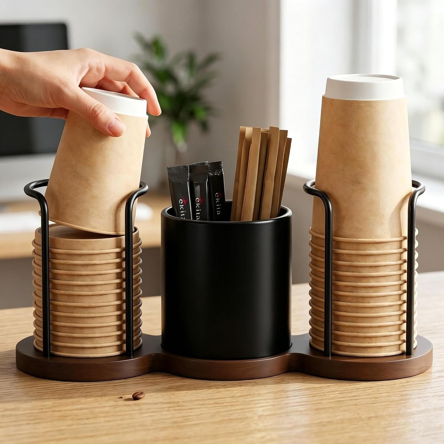 GOYLSER Coffee Station Organizer with Straw & Stirrer Storage Caddy for Cups Lids, Disposable Paper Cup Holder Cup Organizer for Coffee Bar, Office, Home Kitchen, Gold