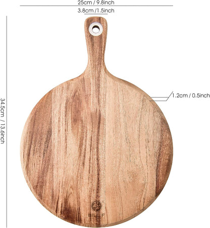 BILL.F Acacia Pizza Peel, Set of 3 Acacia Wood Cutting Board 8" 10" 12" Inch Cutting Board, Cheese Paddle Board, Bread and Crackers Platter for Serving and Minor Food Prepare with Handle and Organizer