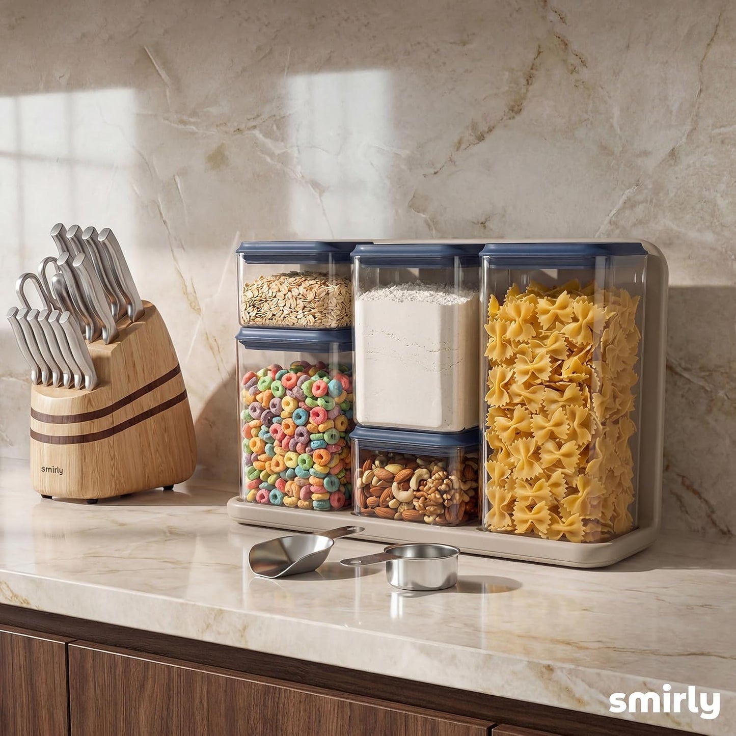 SMIRLY 8-Pcs Airtight Food Storage Containers Set with Countertop Organizer,One-Press Air Tight Pantry Storage Containers, BPA-Free ABS,Stainless Steel Spoon & Scoop for Cereal, Flour, Sugar -white