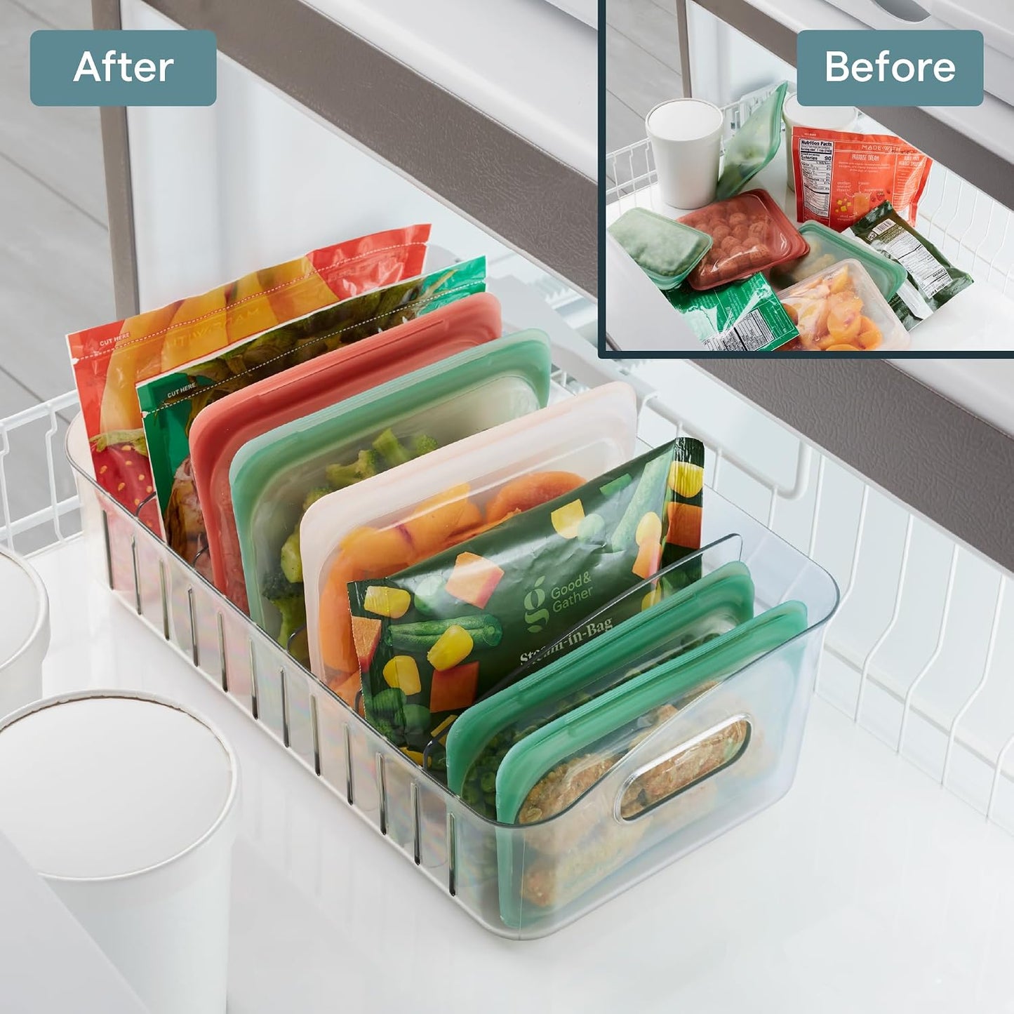 YouCopia FreezeUp Freezer Bin 12", BPA-Free Fridge Organizer with Adjustable Dividers and Handle for Frozen Food and Leftovers
