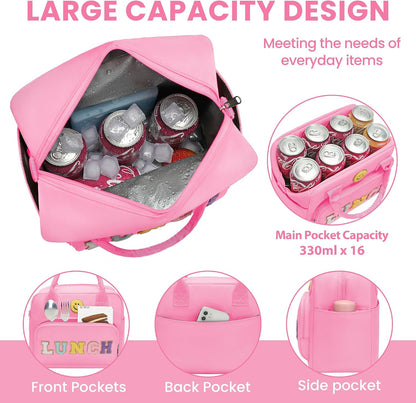 RLGPBON Insulated Lunch Bag Teen Girls, Preppy Lunch Box Large Insulated Lunch Bag Reusable Lunch Tote Bag, Preppy LunchBag for Girls School Travel Picnic