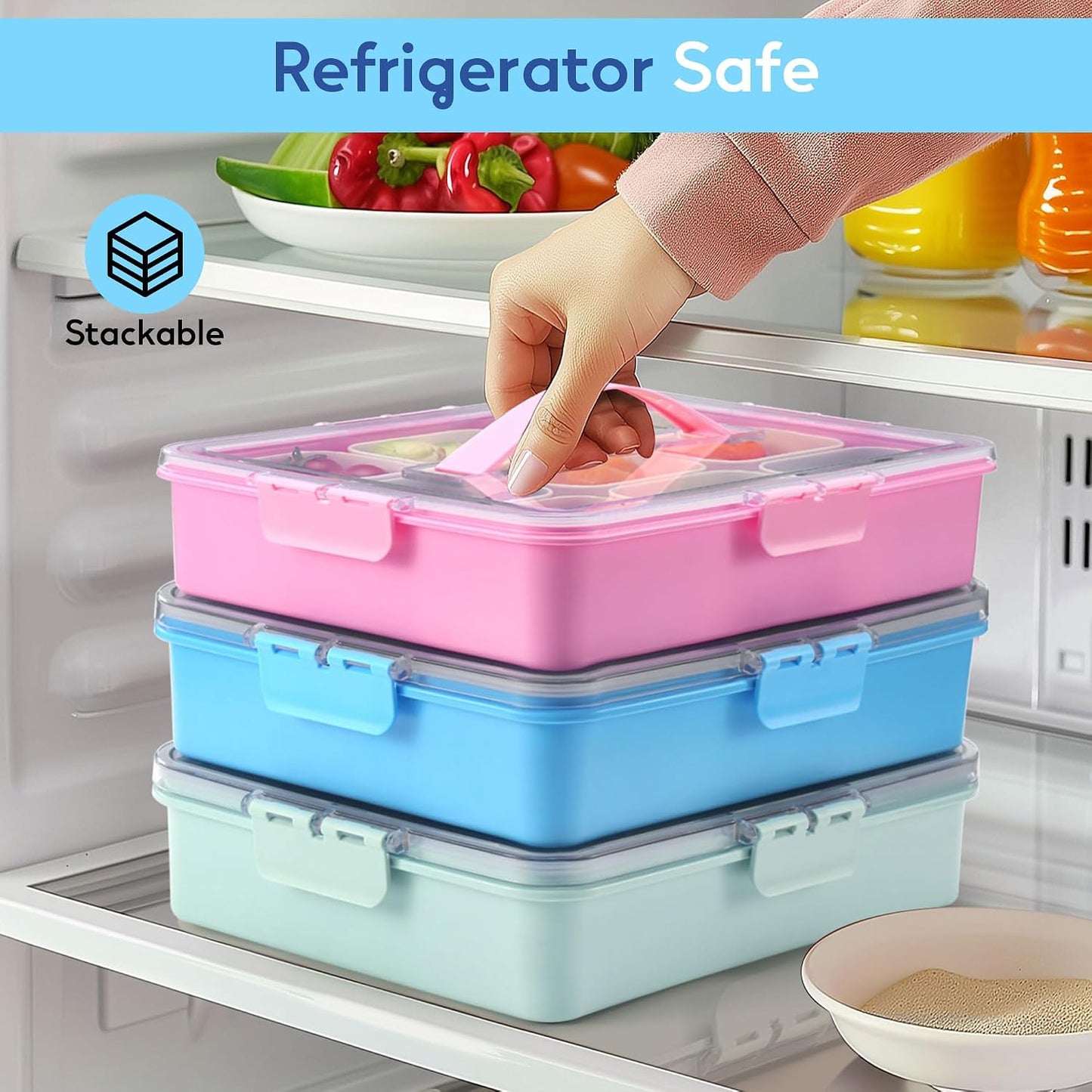 Snackle Box Container for Adults with 9 Compartment, Divided Serving Tray Snack Box Containers with Lid and Handle, Charcuterie Boxes Portable Snack Platter for Fruit Veggie Party Travel, White