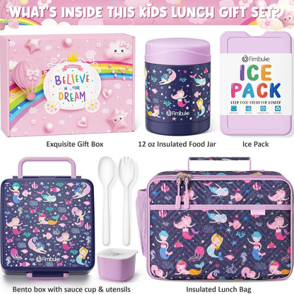 Fimibuke Kids Bento Snack Lunch Box with 4 Compartment, Insulated Lunch Bag, Stainless Steel Vacuum Thermo Food Jar, Ice Pack, Utensils Set, Birthday Gifts for Age 3-12 Back to School Toddler Girl Boy