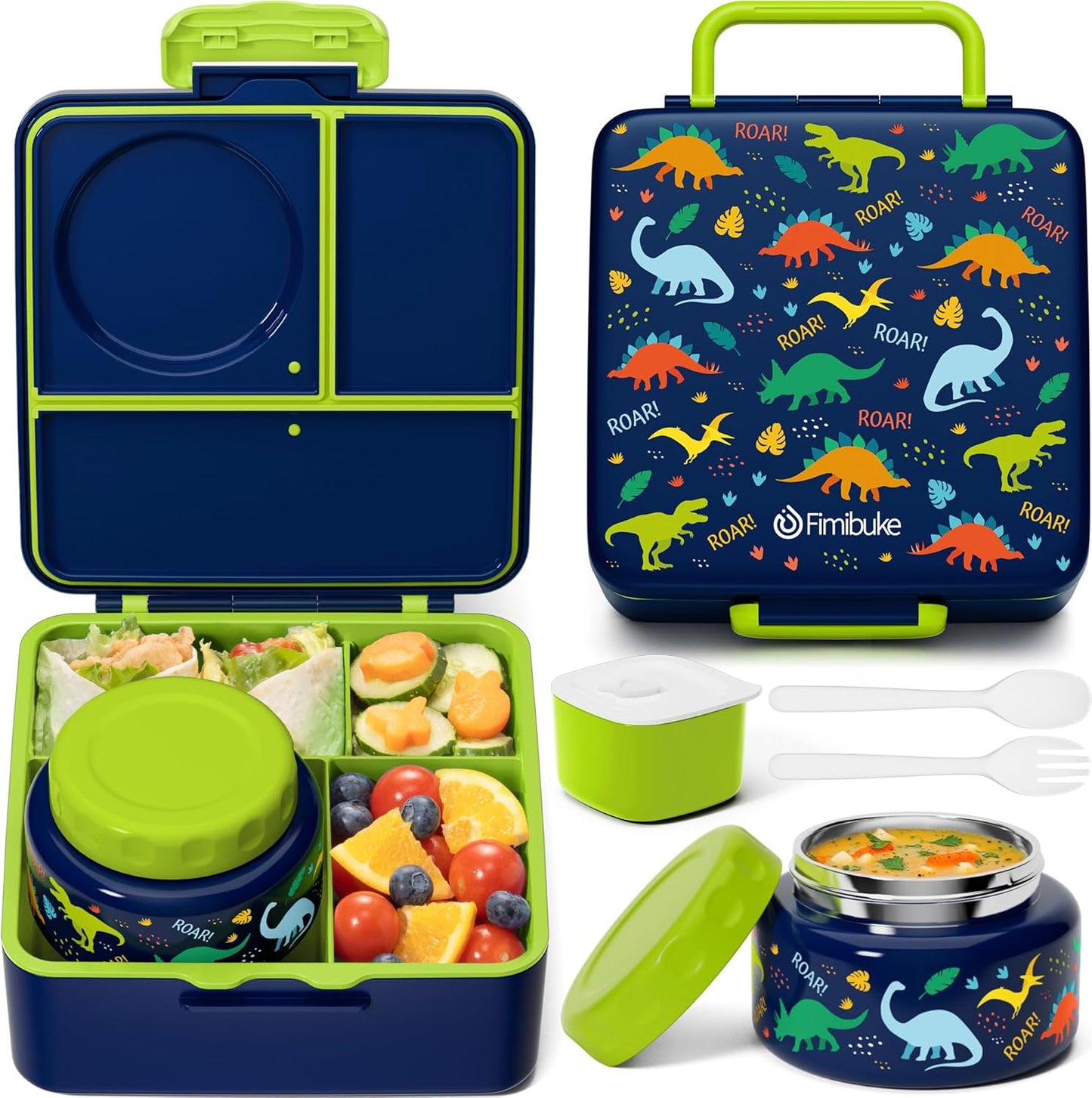 Fimibuke Bento Box for Kids Adult, BPA Free & Leakproof Toddler Lunch Box with 8.5oz Insulated Thermo Food Jar, Utensils & Sauce Jar, Dishwasher Safe 3 or 4 Compartment Container for School Girls Boys