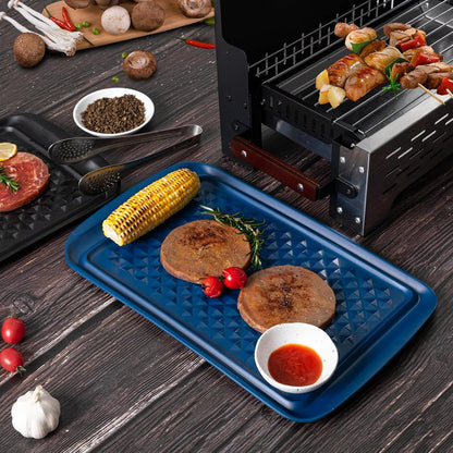 BBQ Tray for Raw Meat Prep and Cooked Food, Grill Prep and Serve Trays, Melamine Serving Trays and Platters for Food, Unbreakable Party Tray, Set of 2, Black and Red