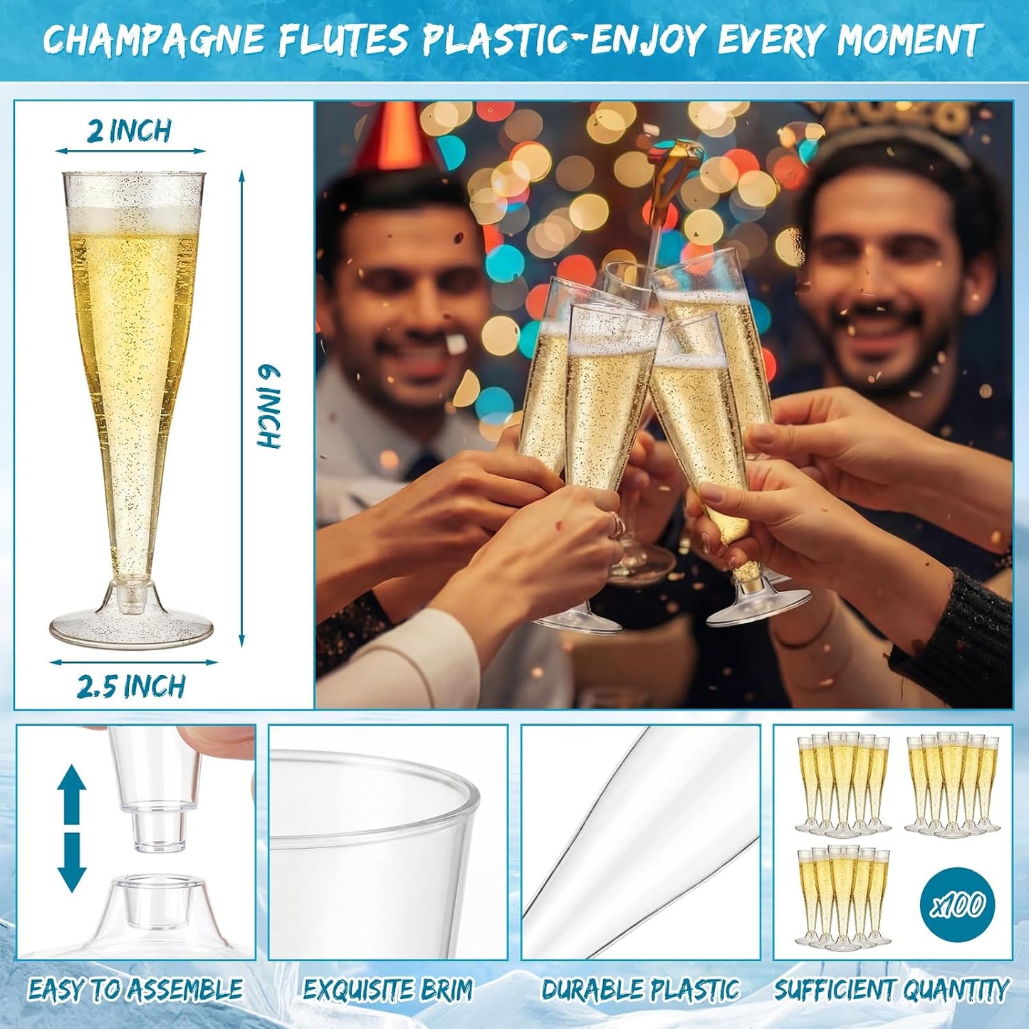 meekoo 104 Pcs Ice Buckets for Parties Set, 2 Pack 5.5l Clear Beverage Tub, 100 Pack 4.5oz Plastic Champagne Flutes, 2 Ice Scoops, Mimosa Bar Drink Supplies for Beer Wine Champagne Juice(Clear)