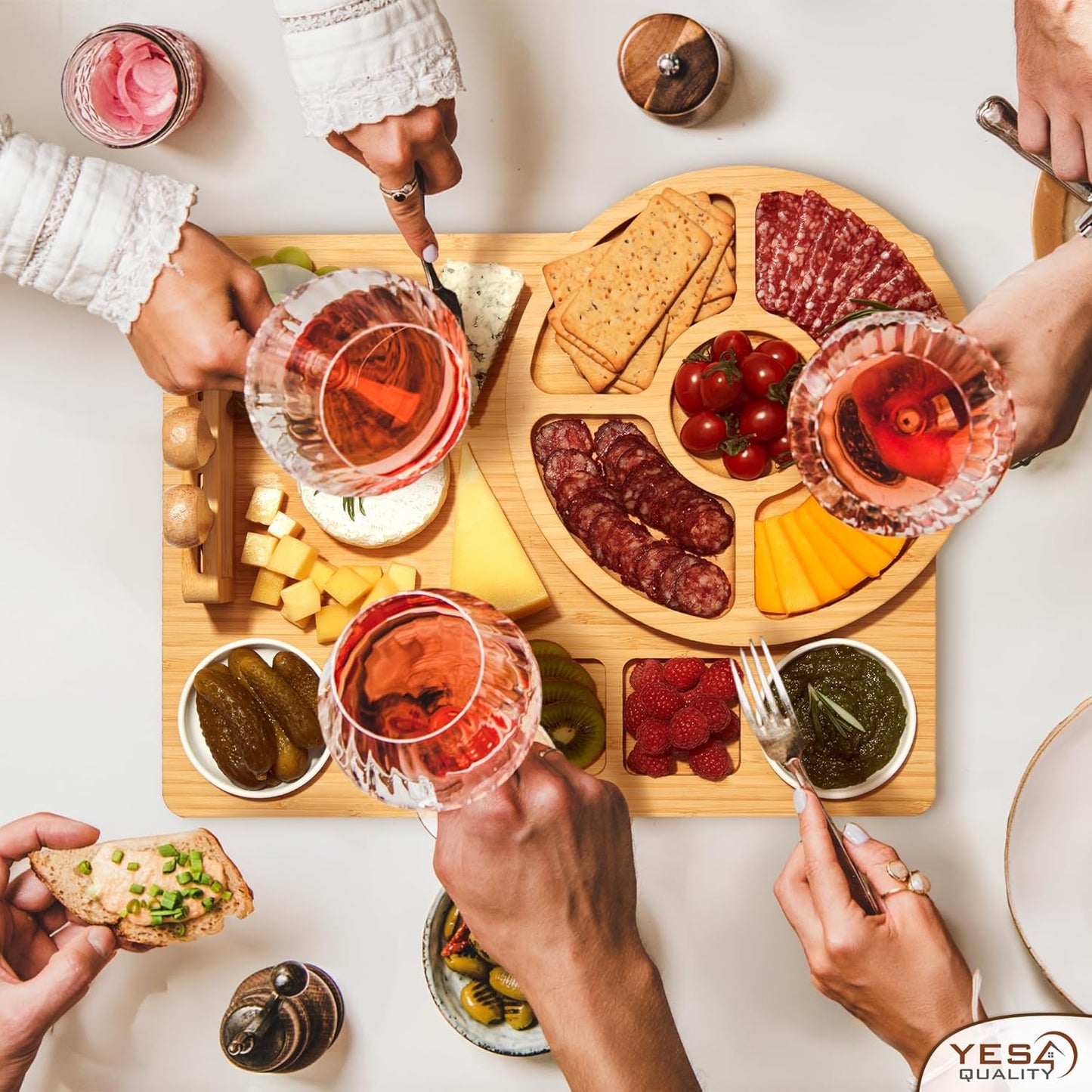 Charcuterie Boards Cheese Board Premium Gift Set - 23 Pieces, Bamboo - Large Size Plus Fruit Tray with Utensil Drawer, Knives, Forks, Wine Opener for Birthday Present, Housewarming, Wedding Shower