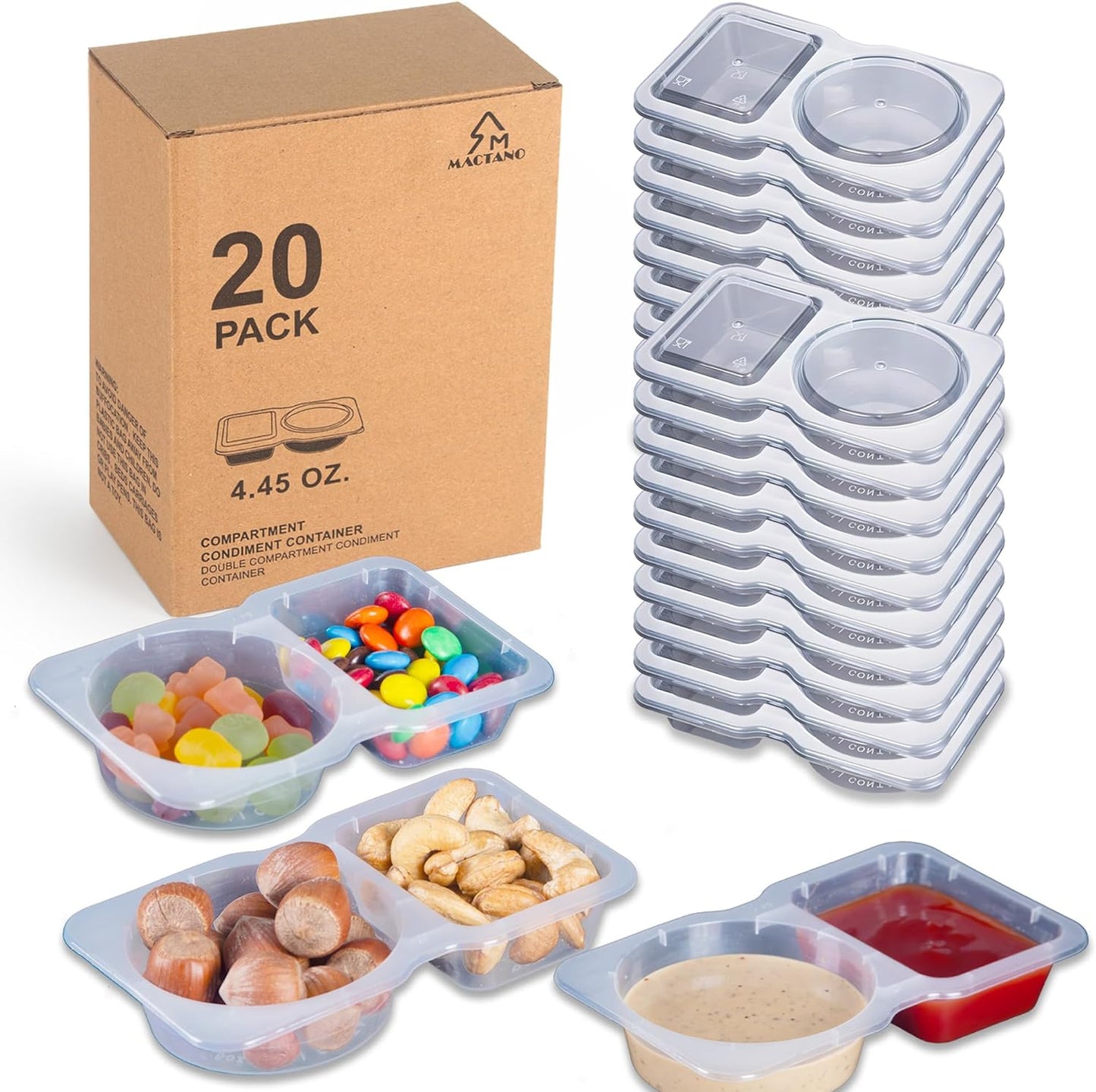 MACTANO 20 Sets Condiment Container with Lid, Disposable Double Compartment Plastic Container for Sauce Snack