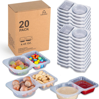 MACTANO 20 Sets Condiment Container with Lid, Disposable Double Compartment Plastic Container for Sauce Snack