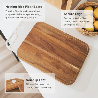 KitchenEdge Premium Acacia Cutting Board with Nesting Rice Fiber Chopping Board for Cooking Prep, 2 Piece Kitchen Set, Non-Slip Feet with Juice Groove, Heavy Duty, Pre Oiled, 17” x 12.5”