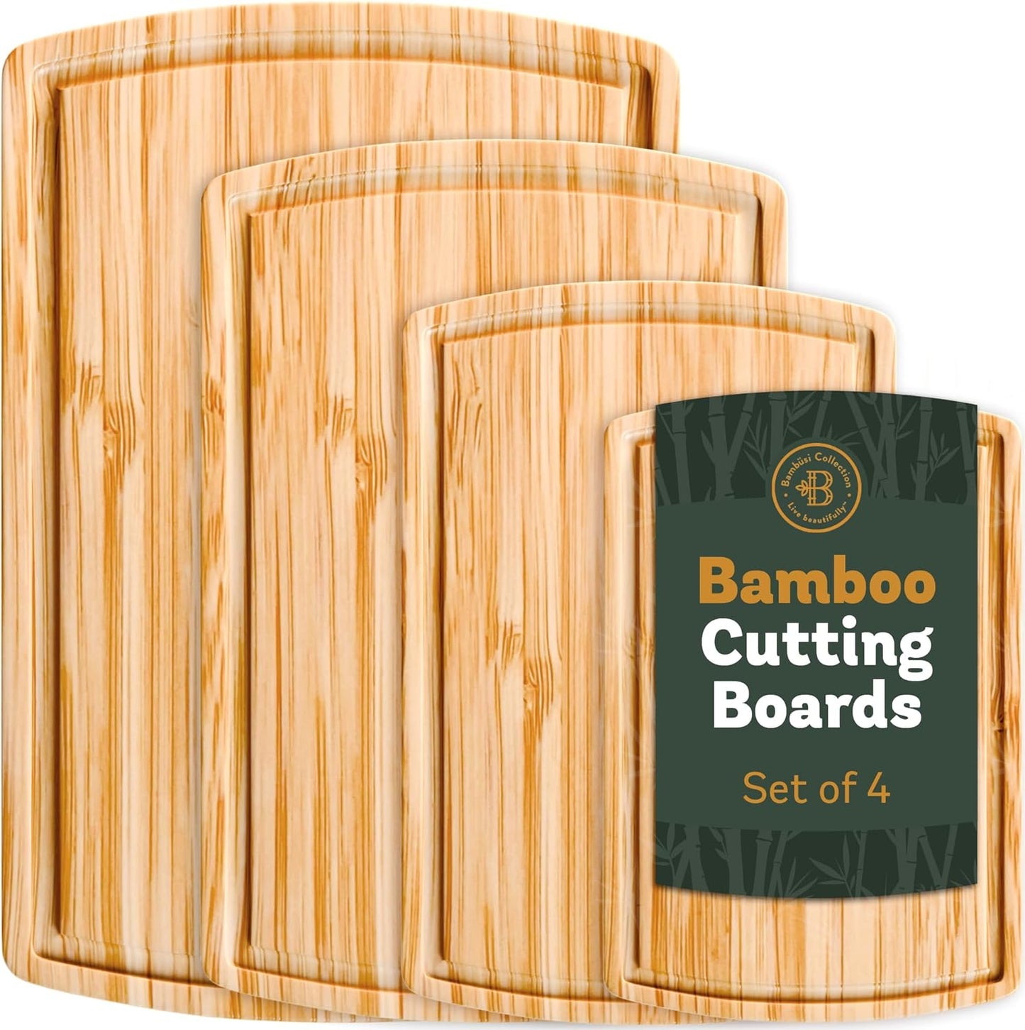 Bamboo Cutting Board Set of 4, Large Cutting Boards for Kitchen, Wood Cutting Board with Juice Groove Side Handles, Wooden Cutting Board for Kitchen, Meat Chopping Board Meal Prep, Serving Charcuterie