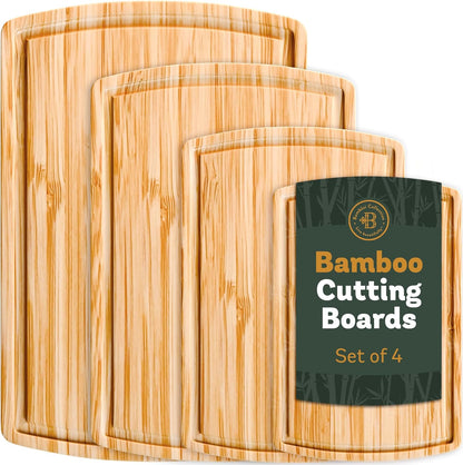 Bamboo Cutting Board Set of 4, Large Cutting Boards for Kitchen, Wood Cutting Board with Juice Groove Side Handles, Wooden Cutting Board for Kitchen, Meat Chopping Board Meal Prep, Serving Charcuterie