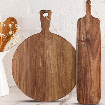 Hsei 2 Pcs Acacia Wood Cutting Board with Handle Wooden Charcuterie Board Large Paddle Carving Chopping Set Butter Serving Tray for Cheese Meat Fruit Pizza Bread(Vintage Style, 16x12, 17x13 Inch)