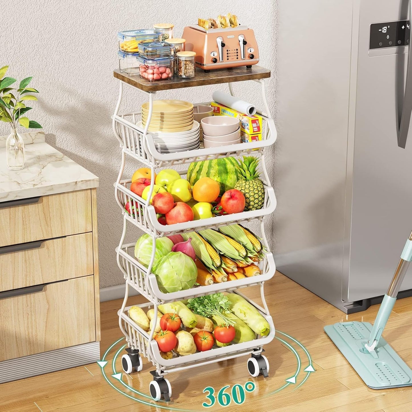 SAYZH Fruit Basket Kitchen Pantry Organizers and Storage - Wooden Top Table, Stackable Metal Wire Basket Stand Cart for Fruit Vegetable Snacks Onion Potato Organization (White, 5 Tiers)