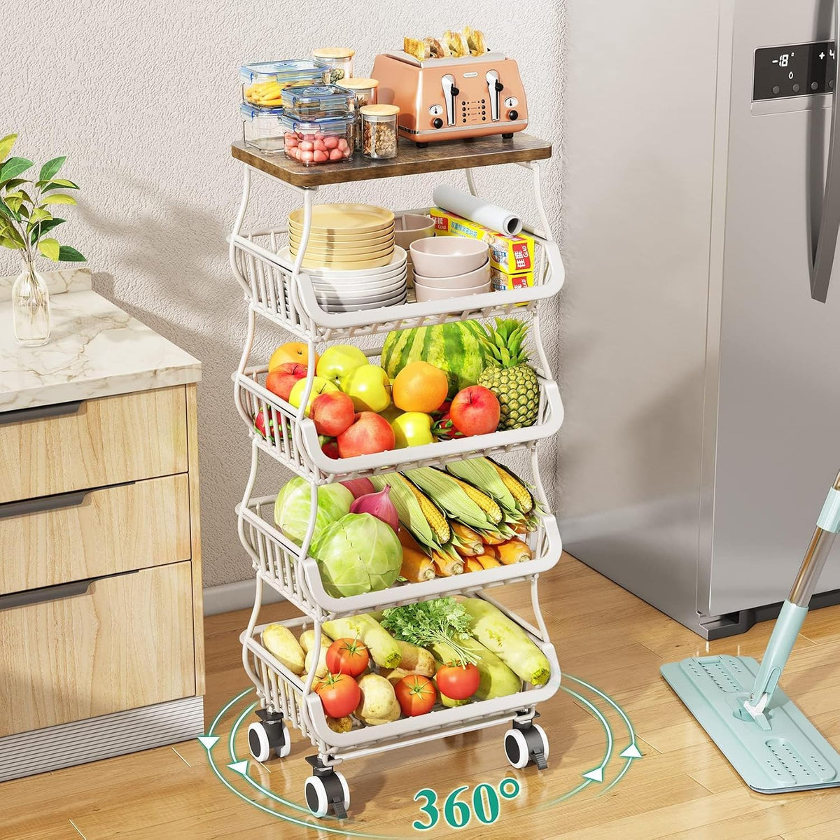 SAYZH Fruit Basket Kitchen Pantry Organizers and Storage - Wooden Top Table, Stackable Metal Wire Basket Stand Cart for Fruit Vegetable Snacks Onion Potato Organization (Black, 5 Tiers)