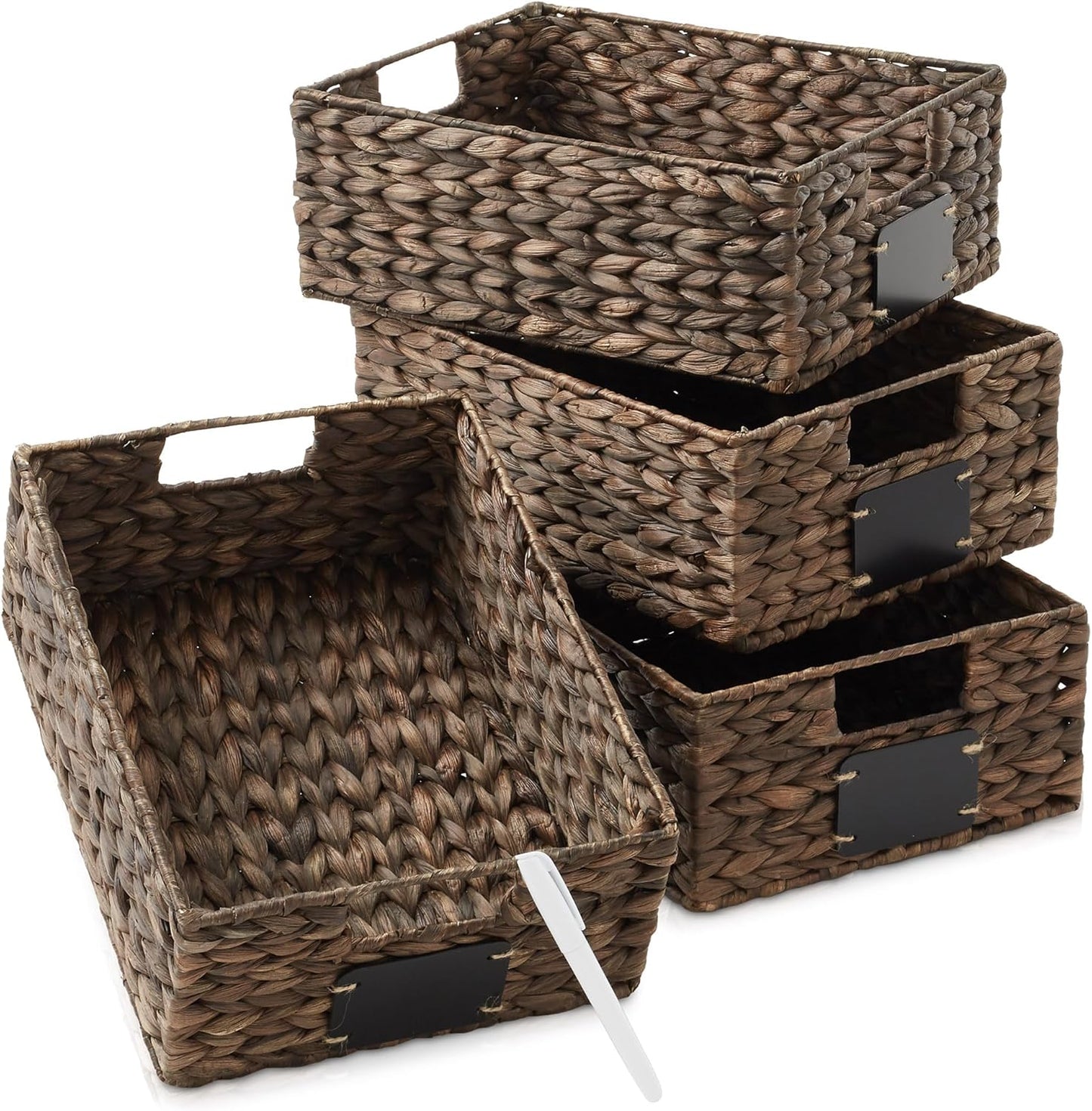 Casafield Set of 4 Water Hyacinth Pantry Baskets, 10" x 13" x 5", with Chalkboard Labels and Chalk Marker - Natural, Woven Storage Bin Organizers for Kitchen Shelves