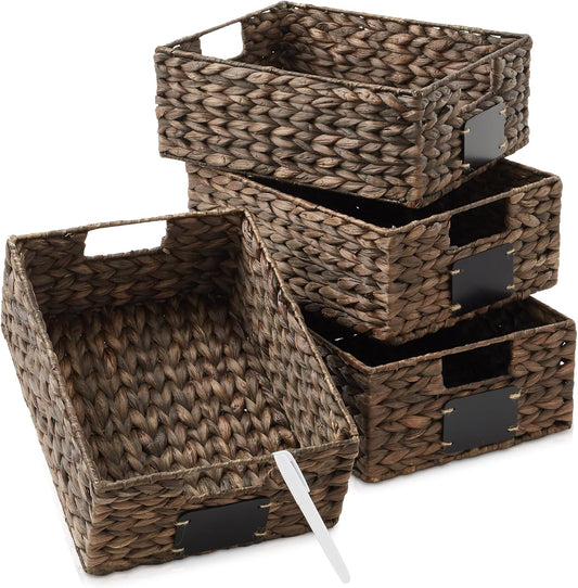 Casafield Set of 4 Water Hyacinth Pantry Baskets, 10" x 13" x 5", with Chalkboard Labels and Chalk Marker - Natural, Woven Storage Bin Organizers for Kitchen Shelves