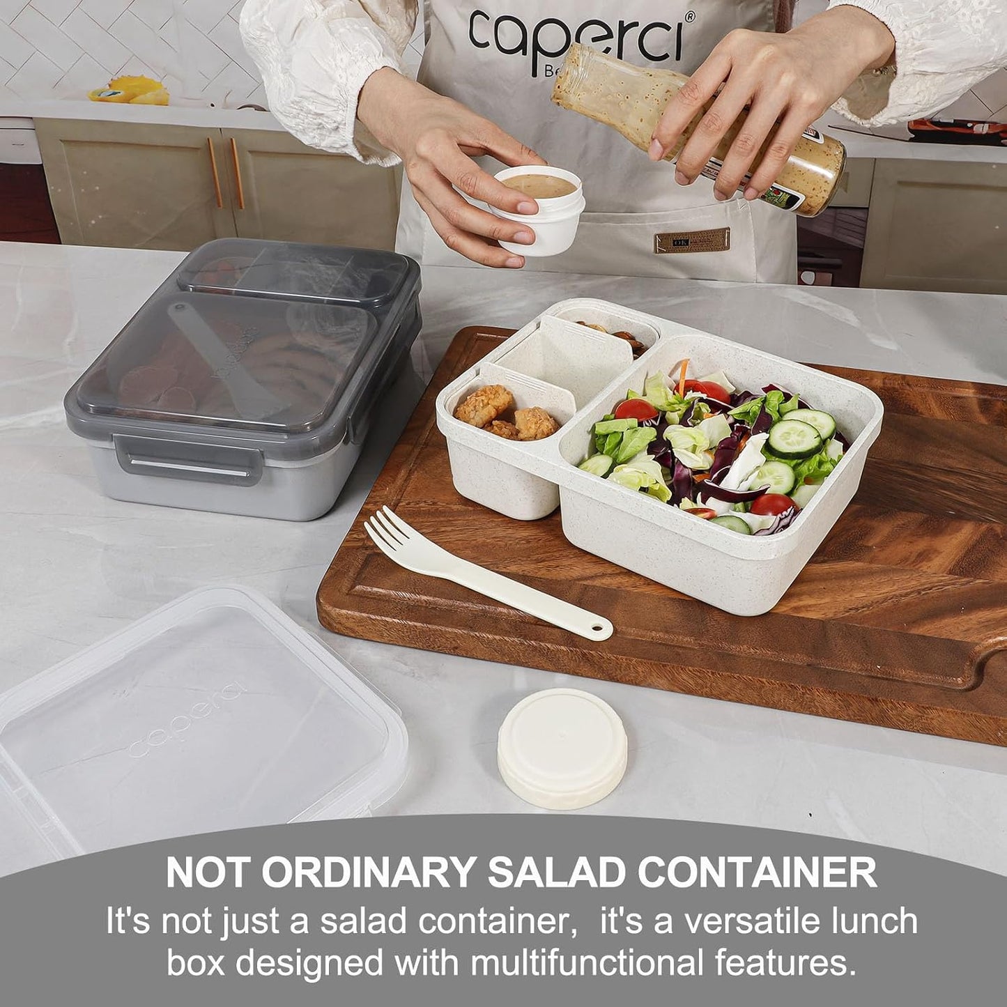 Caperci 2 Pack Salad Container for Lunch - 62 oz Large Bento Lunch Box for Adults, 2-Compartment Meal Prep Container with Removable Toppings Tray, Sauce Cup, Reusable Fork, BPA-Free (Purple & Green)