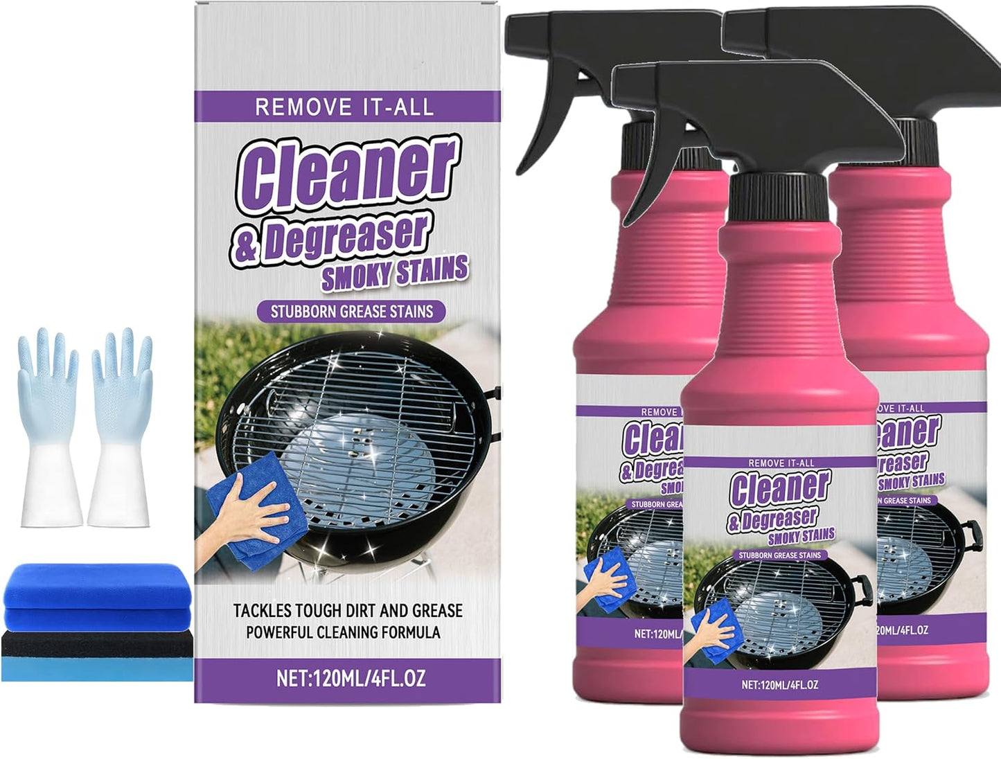 Fast-Acting Heavy-Duty Grill Degreaser Spray - Heavy Duty Barbecue Grill Cleaner for Grates, Oven Racks, Roasting Pans (3Pcs)