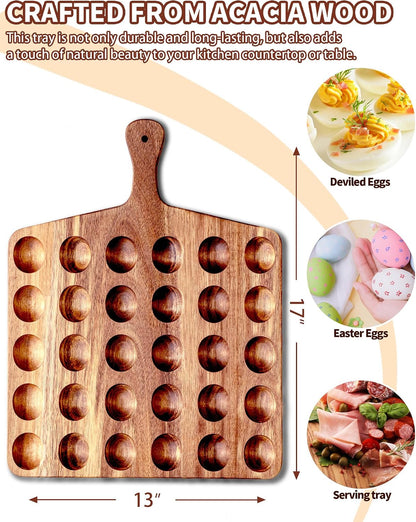 2-Pack 24 Holes Deviled Egg Platter,Acacia Wooden Round Deviled Egg Charcuterie Board Tray Holder Carrier with Handle for Kitchen Countertops