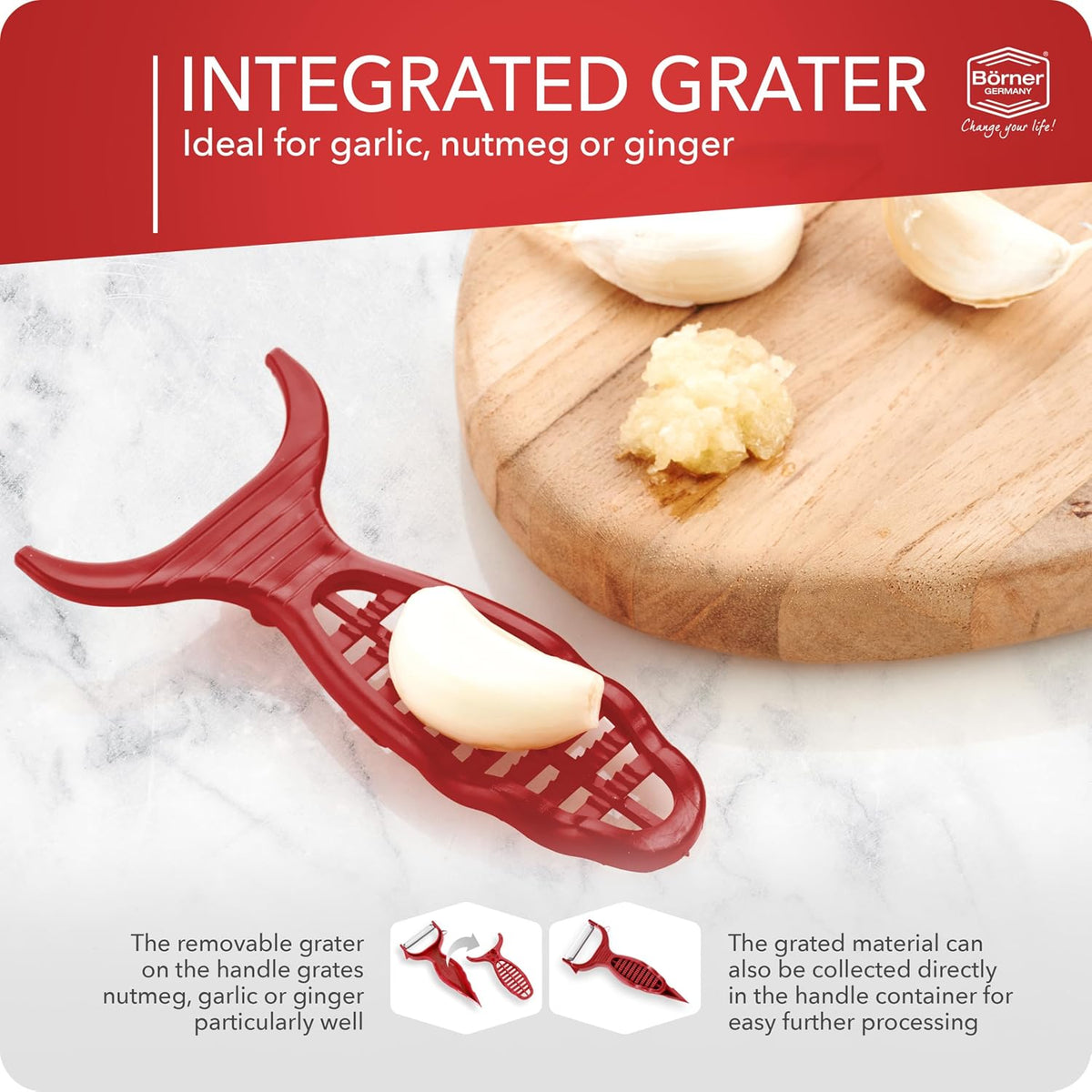 Börner Vegetable Peeler (6-in-1) • Garnishing Peeler with Grater • Multifunctional Peeler for Fruits & Vegetables • Fruit Peeler, Universal Peeler, Potato Peeler • Color: White