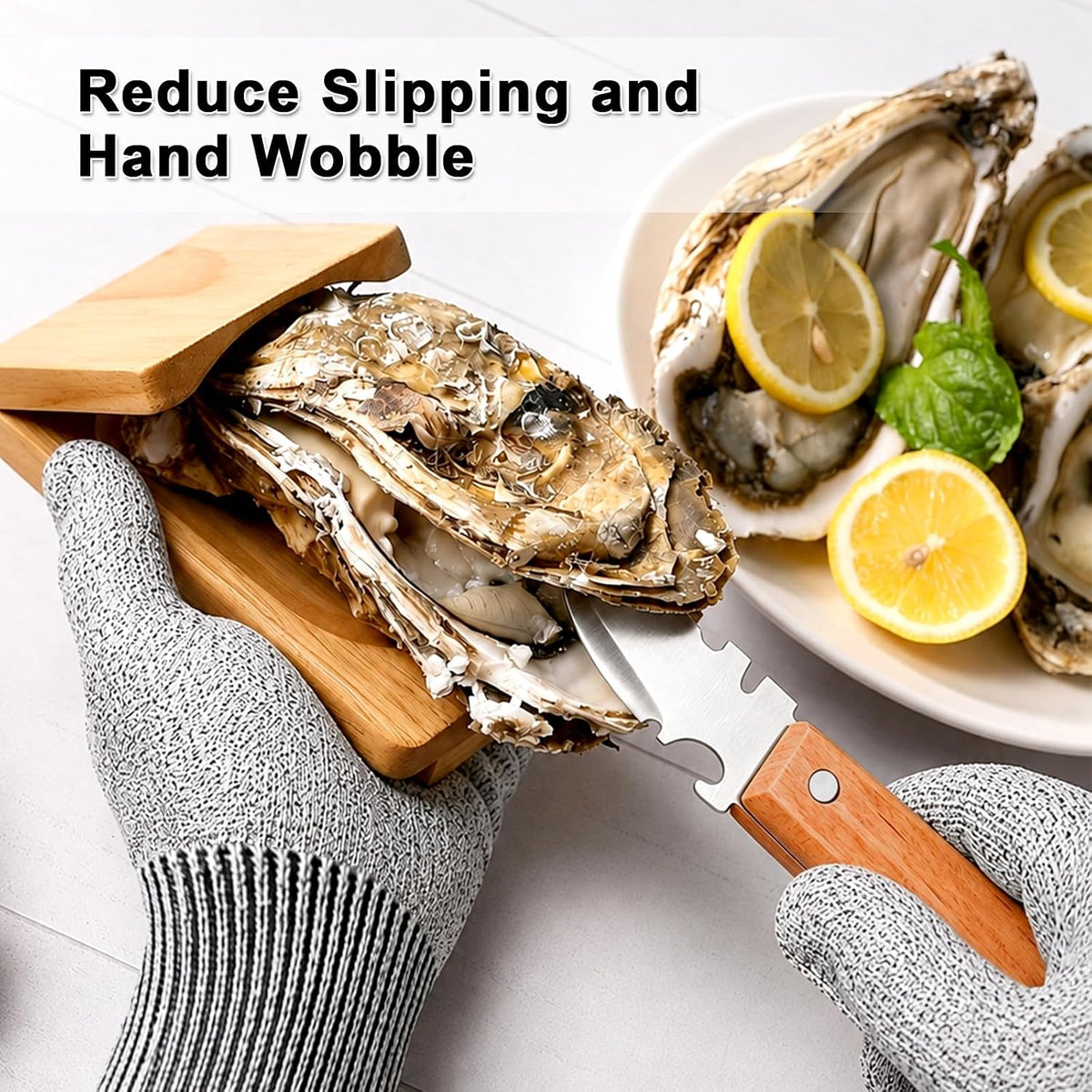 Oyster Shucking Knife Set, 3-Piece Oyster Shucker Kit with Wooden Oyster Clamp, Cut Resistant Gloves & Stainless Steel Oyster Knife, Oyster Opener Tool for Clams & Shellfish