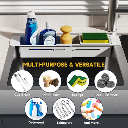 NiHome Extendable Over Sink Kitchen Organizer, Small Telescopic Brush Storage Rack for Sponge, Non-Slip Pads Expandable Sink Caddy, Adjustable Sponge/Brush Rack with Drainage Durable ABS (Dark Gray)