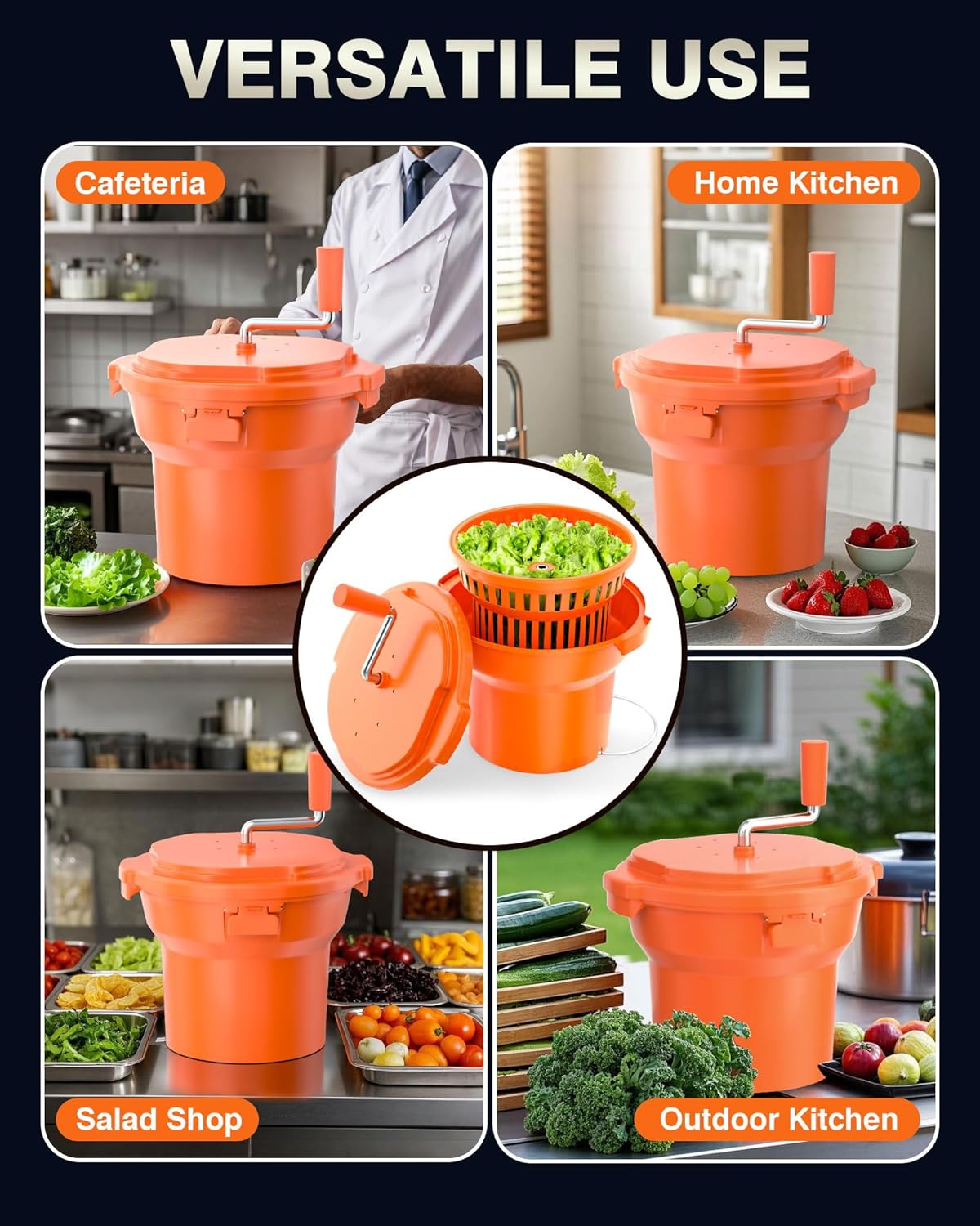 WantJoin Commercial Salad Spinner - [6 Gallon Salad Dryer] w/Silicone [Anti-slip Mat] & [Draining Hose], 24Qt Manual Salad Spinner for up to 7 Heads of Lettuce Spinner Large for Catering, Orange