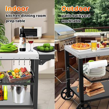 Upgraded Pizza Oven Cart Table for Ooni Koda/Karu/Fyra 16 & 12, Movable Thicken & Widen Rolling Kitchen Cart, Outdoor Grill Stand for Ninja Woodfire,Blackstone Griddle,Barbecue Tool Set