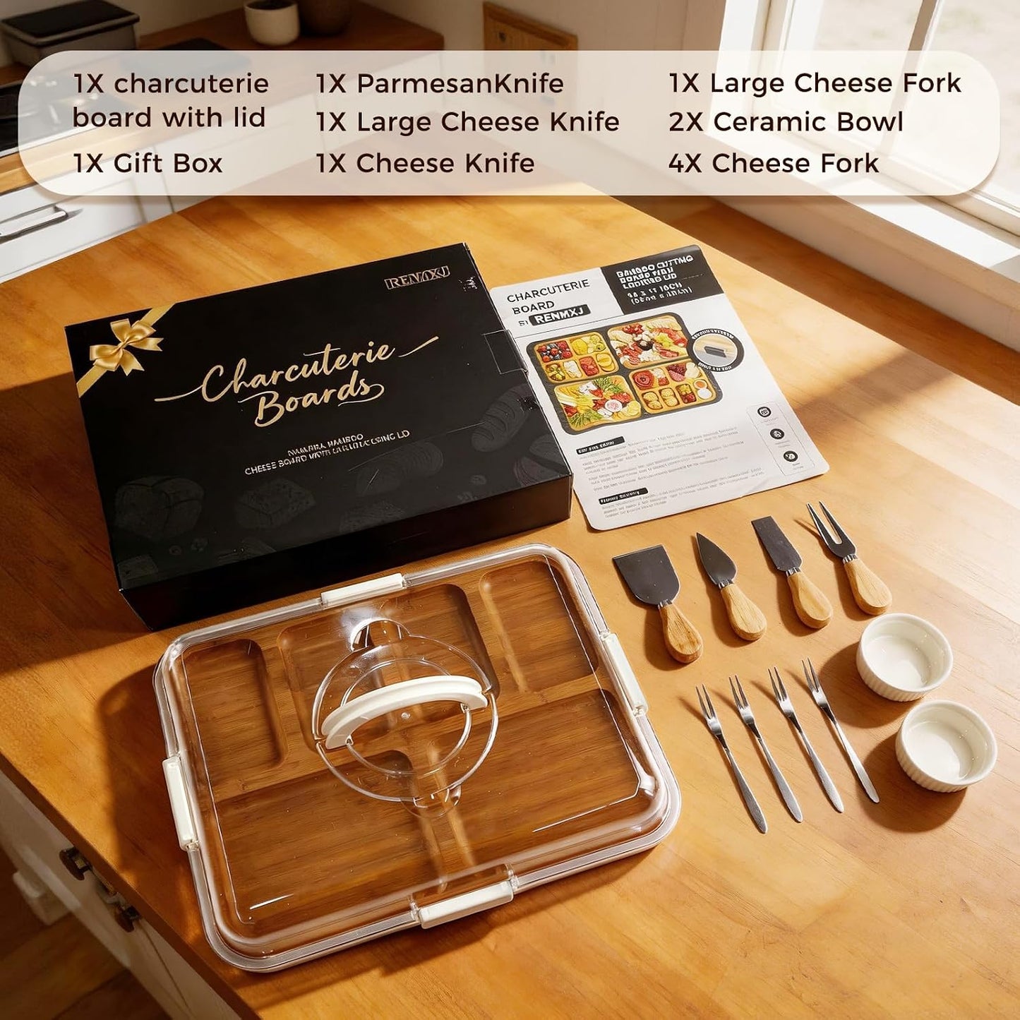 Renmxj Charcuterie Boards with Lid Gift Set, 2 in 1 Travel Portable Cheese Board with Knives Set, Carbonized Bamboo Charcuterie Tray, Housewarming Gifts New Home, Picnic, Wedding Gifts, Black Handle