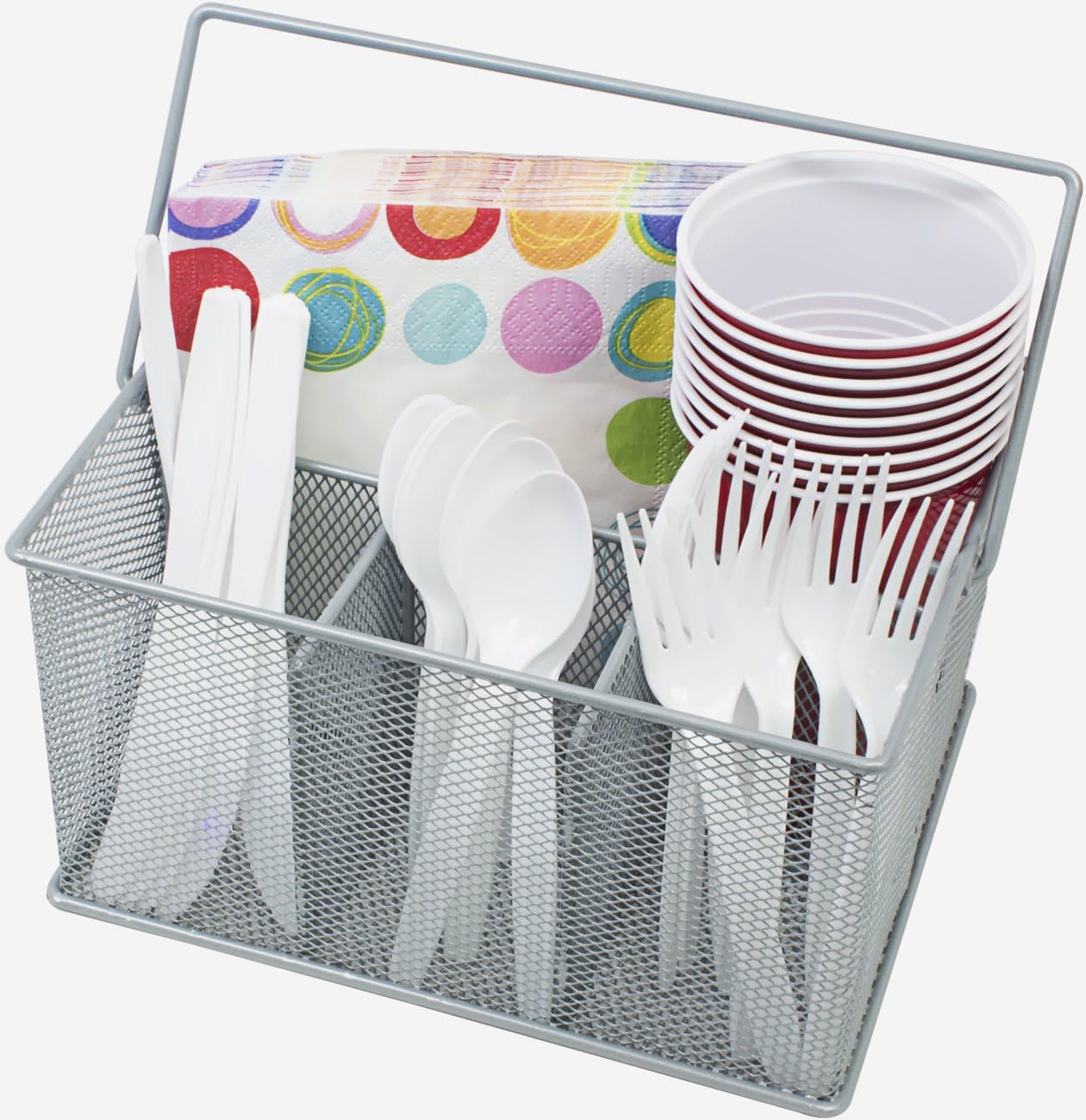 Sorbus® Utensil Caddy — Silverware, Napkin Holder, and Condiment Organizer — Multi-Purpose Steel Mesh Caddy—Ideal for Kitchen, Dining, Entertaining, Tailgating, Picnics, and much more (White)