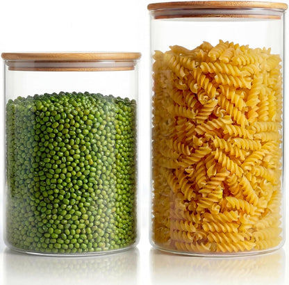 32oz - 4 Pack Glass Jars with Bamboo Lids, Glass Pantry Storage Containers with Airtight Lids, Round Air Tigh Food Storage Canisters for Cereal, Pasta, Flour, Sugar, Rice, Best for Kitchen Organizer