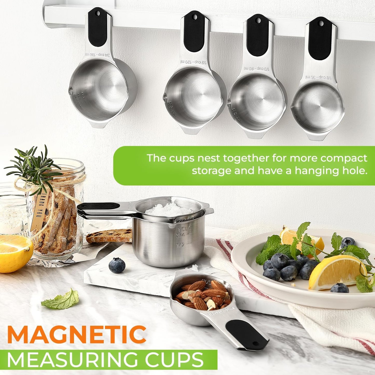 Spring Chef Stainless Steel Measuring Cups Set of 7 with Pour Spout - Nesting Kitchen Tools with Easy Read Markings to Measure Dry or Liquid Ingredients - Metal Measuring Cups for Baking & Cooking