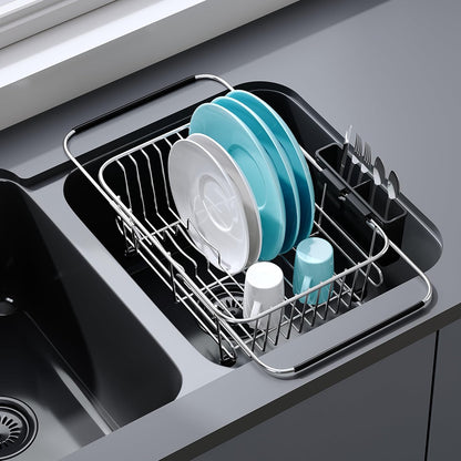 JASIWAY Dish Drying Rack in Sink, Expandable Stainless Steel Dish Drainers for Kitchen Counter, Dish Dryer Rack for Inside Sink, Over The Sink Dish Racks with Utensil Holder, Silver