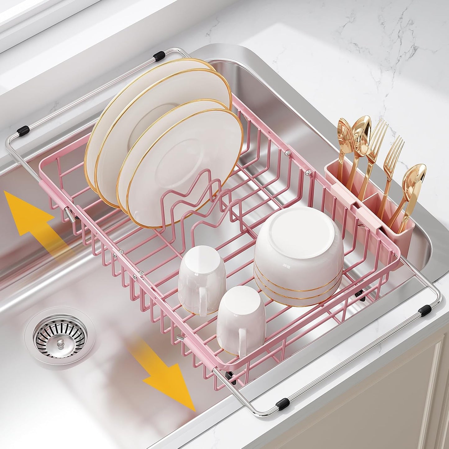 JASIWAY Dish Drying Rack in Sink, Expandable Stainless Steel Dish Drainers for Kitchen Counter, Dish Dryer Rack for Inside Sink, Over The Sink Dish Racks with Utensil Holder, Silver