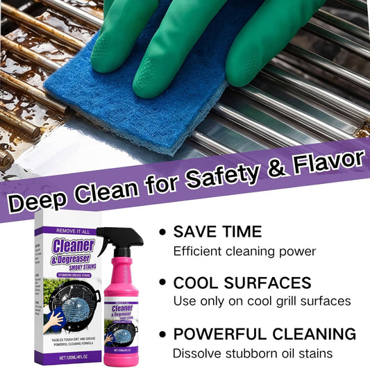 Cleaner&Degrcaser Smoky Stains,Fast-Acting Grill Cleaner Spray,120ml Fast Acting Grill Degreaser Spray for Outdoor Grills,Heavy Duty BBQ Degreaser for Burnt Food & Stubborn Grease. (1)