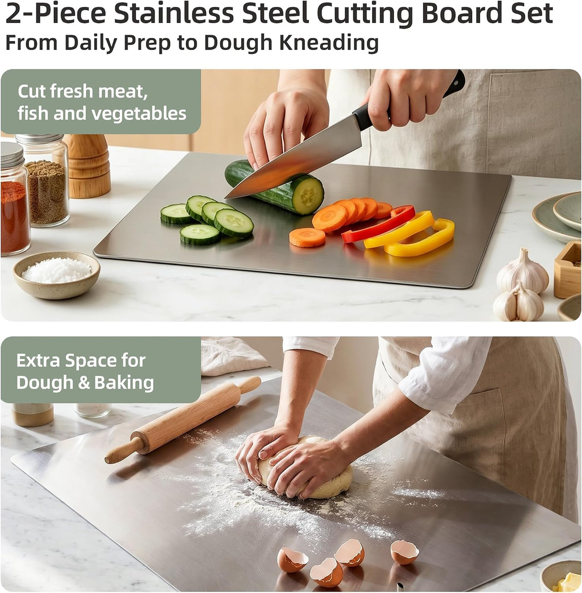 Stainless Steel Cutting Board Set with Lip, 2 Pack 16" & 24" Metal Chopping Boards for Kitchen Countertop, Non-Slip Food Prep Boards for Meat & Vegetables