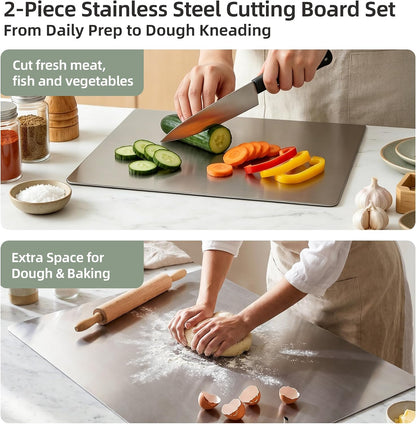 Stainless Steel Cutting Board Set with Lip, 2 Pack 16" & 24" Metal Chopping Boards for Kitchen Countertop, Non-Slip Food Prep Boards for Meat & Vegetables