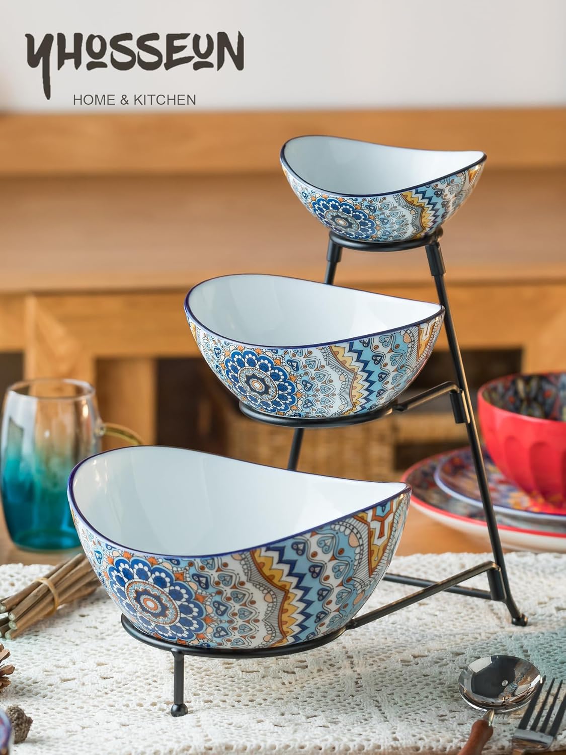 YHOSSEUN 3 Tier Serving Stand Oval Serving Bowl with Metal Rack, Tied Serving Bowls Food Display Dessert Appetizer, Chip and Dip Serving Bowl Set for Parties, Gold-45oz / 17.5oz / 7oz