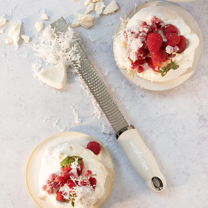 Microplane Zester Grater in Cashmere Beige for Citrus Fruits, Hard Cheese, Ginger, Chocolate and Nutmeg with Fine Stainless Steel Blade - Made in USA