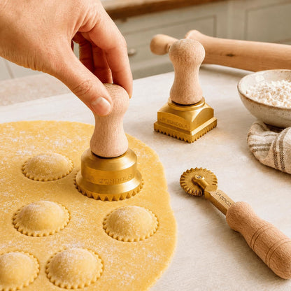 La Gondola Set of 3 Pasta Tools - Square Festooned 1.77x2.16in & Round Festooned 1.97in Ravioli Stamps & Pasta Cutter Festooned Wheel | Brass & Natural Wood | Easy to Use | Pasta Cutters Made in Italy