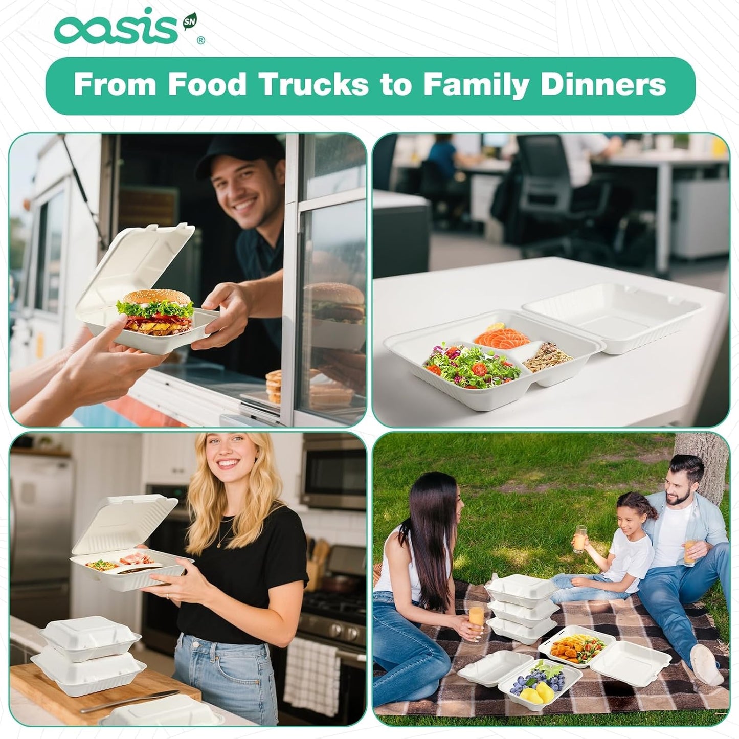 𝟴𝘅𝟴", 𝟲𝟴-𝗣𝗮𝗰𝗸 3-Compartment Clamshell Takeout Containers, 100% Compostable Heavy-Duty Disposable Paper Lunch Boxes(White)