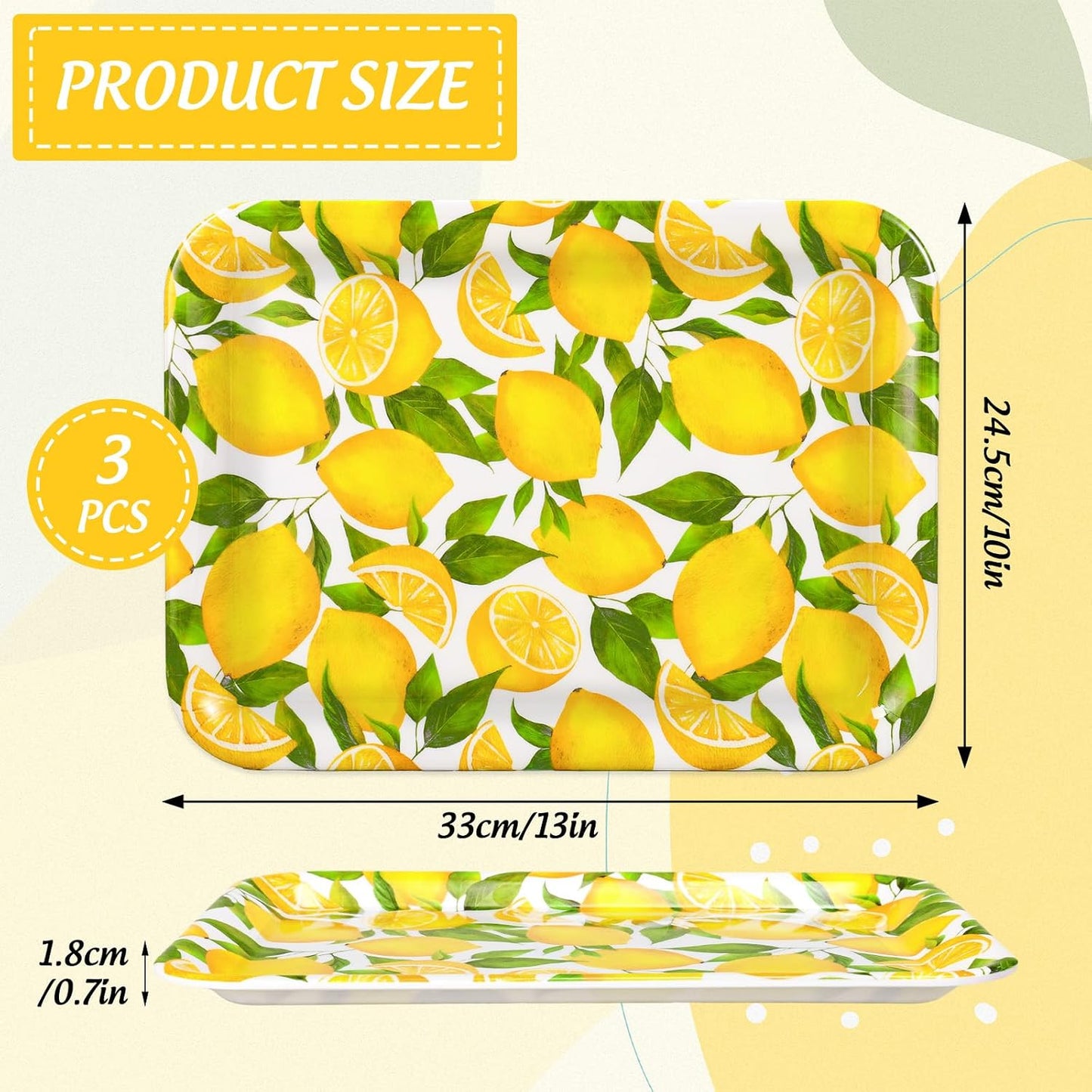JarThenaAMCS 3Pcs Lemon Serving Trays Reusable Serving Dishes Watercolor Yellow Lemon Platter for Summer Fruit Birthday Party Serving Food Snacks Fruits Dessert
